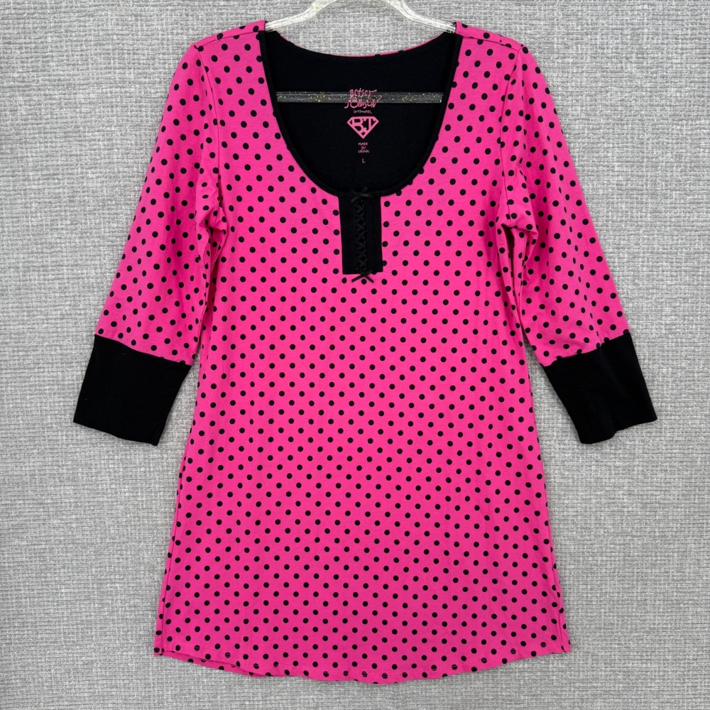 Betsey Johnson Intimates Top Women L Pink Black Polka Dot Lace Up Y2K Boho